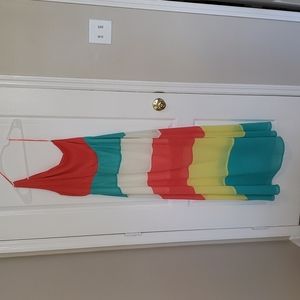 Coral and turquoise one shoulder maxi dress, size Large